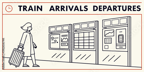 Minimalist line art illustration of a traveler with luggage looking at a train arrival and departure information display board at a station traveler departure transportation minimalist