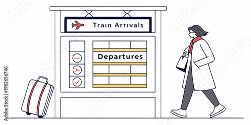 Woman traveler with luggage walking past a train arrivals and departures board display in a station traveler departure transport passenger suitcase terminal commuter platform schedule