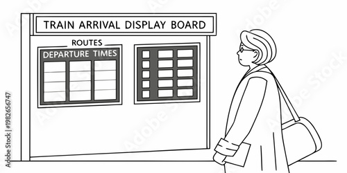 Woman traveler standing and looking at a large train arrival and departure display board in a terminal with traveler departure terminal transport information passenger commuter platform