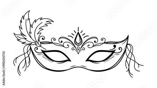 Ornate Venetian masquerade mask vector illustration. Minimalist black line art icon on white background with decorative feathers, swirls, and ribbons. Ideal for carnival, ball, or party themes.