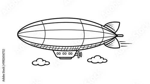 Vintage zeppelin airship flying through clouds, minimalist black line vector icon illustration on white background. Clean scalable outline design of a retro dirigible blimp for travel and transport.