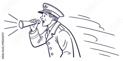 Man in uniform blowing a horn with motion lines representing speed or announcement graphic illustration black and white conductor announcement communication illustration monochrome