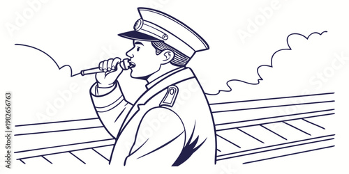 Line art illustration of a railway conductor using a communications radio on a train platform with conductor communication transportation platform professional railroad occupation