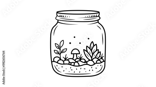Terrarium jar minimalist black line vector icon illustration featuring indoor plants, a mushroom, and decorative stones in a glass container, hand-drawn outline isolated on white background.