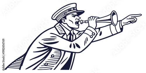 Man in uniform shouting and pointing with a horn graphic illustration black and white conductor shouting pointing megaphone direction instruction authority communication illustration