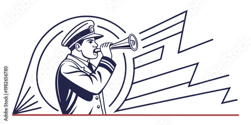 Stylized line art of a train conductor calling through a vintage megaphone or horn with conductor megaphone announcement railroad transportation communication professional official