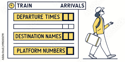 Traveler with a backpack and suitcase reading information on a train arrivals and departures station display board traveler backpack suitcase departure transport information passenger