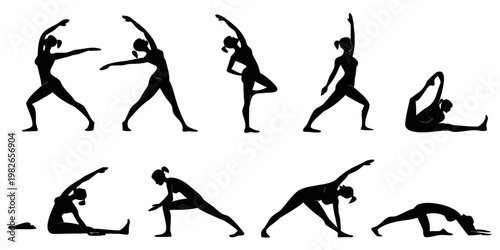 Assorted yoga silhouette poses for women featuring stretching and balance asanas silhouette exercise flexibility training lifestyle wellness gymnastics meditation activity practice