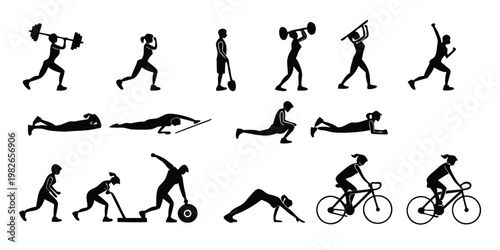 Set of human silhouettes engaging in various fitness and workout activities with silhouette exercise training movement bodybuilding strength wellness physical lifestyle gymnastics