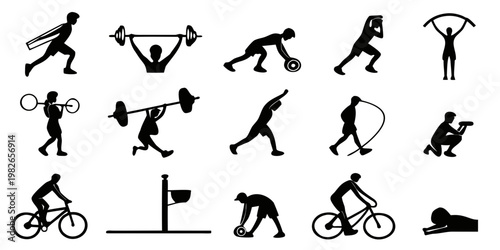 Diverse range of exercise and sport silhouette icons with silhouette exercise training movement bodybuilding strength wellness physical lifestyle gymnastics illustration collection