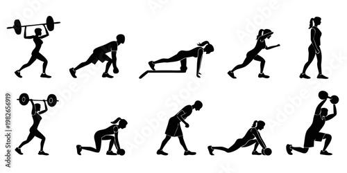 Set of black silhouette fitness icons featuring various strength training exercises with weights kettlebells barbells for gym workout routines exercise strength weightlifting training