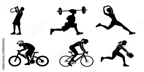 Collection of black silhouette fitness poses and sporting activities with silhouette exercise training movement bodybuilding strength wellness physical lifestyle gymnastics collection