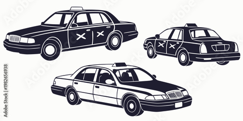 Monochrome vector graphic collection of three sedan taxis in different angles with four door transport transportation automobile silhouette passenger isolated collection monochrome