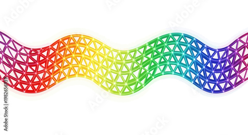 Abstract geometric wave with a low-poly mesh, featuring a vibrant rainbow gradient on a clean white background for modern design