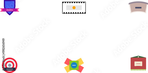 Hand-drawn collection of colorful geometric price tags and minimalist flat graphic symbols on white illustration