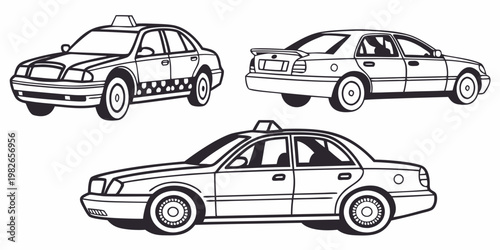 Set of three line art sedan taxi cabs in distinct view angles graphic vector with four door transport transportation automobile silhouette passenger isolated collection monochrome