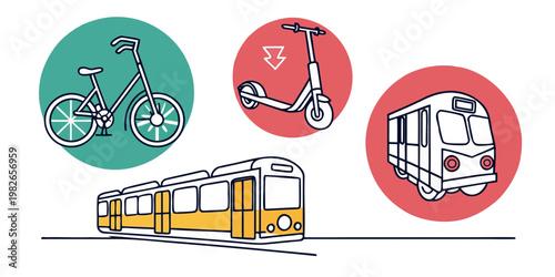 Collection of urban commute icons featuring bicycle electric scooter and tram with colored circular elements transportation mobility electric movement illustration collection lifestyle