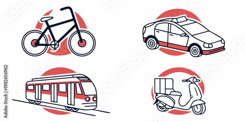 Set of four modern transportation icons showing bicycle car tram and motor scooter on circular red background with transportation commuting delivery mobility automobile electric transport