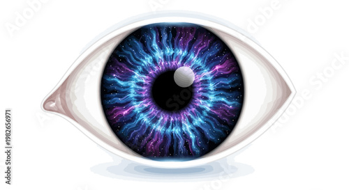 A captivating and vibrant close-up illustration of a human eye, showcasing a stunning purple and blue iris with intricate details and a reflective highlight, symbolizing vision and observation
