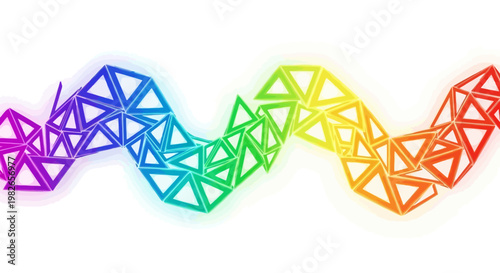 Abstract rainbow wave pattern made of geometric triangles with glowing edges on white background