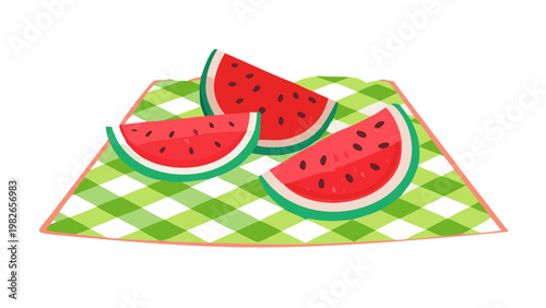 Freshly cut watermelon pieces on light green and white picnic cloth with watermelon checkered refreshing illustration isolated appetizer nutrition vitamins vacation culinary ingredient