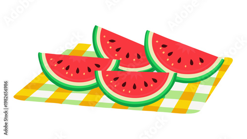 Fresh watermelon slices on yellow gingham tablecloth picnic illustration with watermelon refreshing checkered tablecloth illustration snacking refreshment vegetarian nutrition vitamins