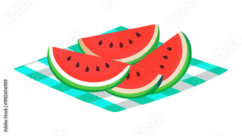 Sweet watermelon slices laid out on cyan blue checkered picnic blanket with watermelon checkered refreshing illustration isolated appetizer nutrition vitamins vacation culinary
