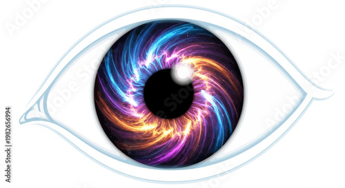 Abstract cosmic eye with vibrant, swirling galaxy iris, symbolizing universal vision, profound insight, and infinite perception