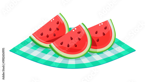 Fresh watermelon slices on turquoise gingham picnic mat illustration with watermelon refreshing checkered turquoise tablecloth illustration snacking refreshment vegetarian nutrition