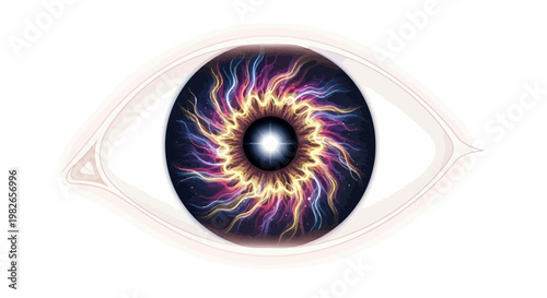 Abstract digital illustration of a cosmic eye with a vibrant, swirling iris, representing deep vision, spiritual insight, and the profound universe within