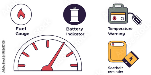 Set of automotive dashboard warning light symbols and gauges illustration with dashboard seatbelt temperature automotive indicator mechanic maintenance transportation illustration