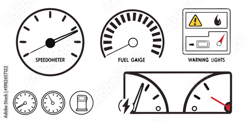 Automotive dashboard instrument cluster gauges with speedometer and fuel display dashboard speedometer instrument automotive graphics elements illustration mechanical measurement