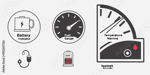 Collection of car dashboard indicator icons and vehicle status gauges with dashboard indicator temperature seatbelt transportation automotive illustration instrument mechanic technical
