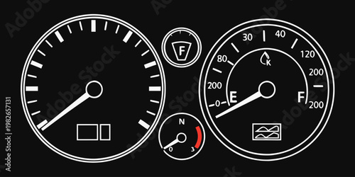 Set of black and white car dashboard gauge icons for vehicle instrument clusters with dashboard speedometer instrument tachometer automotive graphics circular transportation indicator
