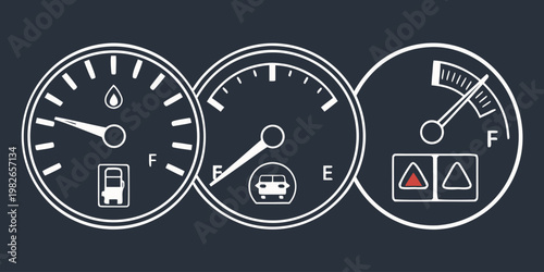 Digital dashboard gauges showing fuel levels and vehicle monitoring indicators with dashboard indicator measurement speedometer automotive transport technology transportation information