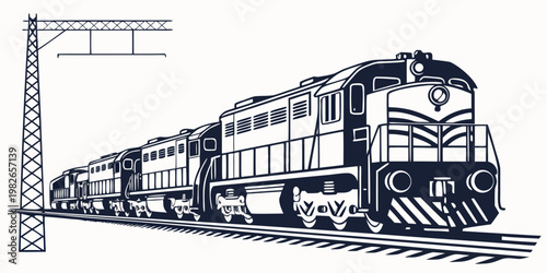 Diesel locomotive engine train moving on tracks with overhead power line structure locomotive railroad transportation transport commuter traveling carriage electrical infrastructure