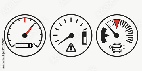 Collection of car dashboard instruments and fuel level indicators with dashboard speedometer indicator instrument automotive transportation graphics illustration interface elements