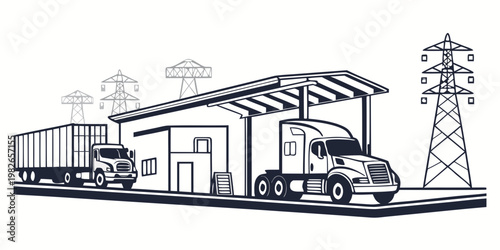 Industrial logistics and heavy trucking facility concept illustration with semi truck semi trailer logistics transportation warehouse industry shipping delivery infrastructure terminal