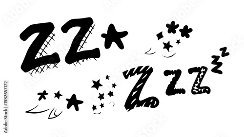 Graphic doodle set with sleepy z lettering and star shapes handdrawn illustration sleeping creative decoration isolated whimsical character imagination nighttime dreaming peaceful