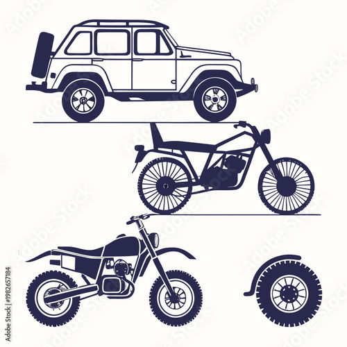 Set of off road suv and motorcycle vector silhouettes for transportation design with four wheel drive silhouette motorcycle transport transportation illustration dirtbike adventure