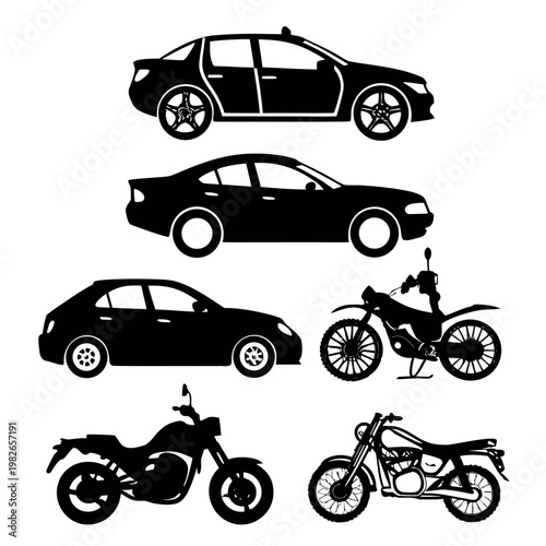 Collection of sedan car and motorcycle vector silhouettes for automotive concepts with two wheeler motorcycle silhouette transport transportation automotive collection isolated elements