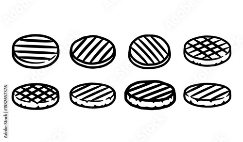 Grilled burger patty line icon set in black and white hand drawn vector for menu and branding