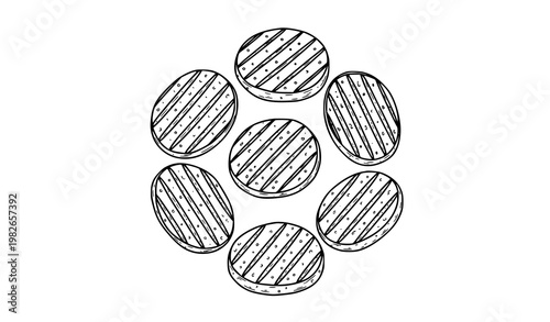 Hand drawn grilled burger patties line art vector set with barbecue meat in black and white