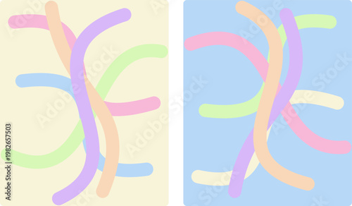 Hand-drawn abstract minimalist pastel colored noodle tubes set against cream and blue backgrounds modern illustration