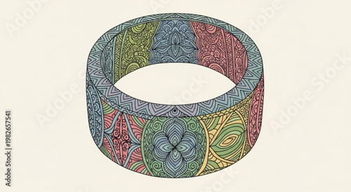 Vibrant colorful patchwork bangle with intricate patterns on a neutral background