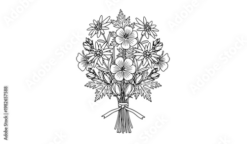 Black and white edelweiss geranium gentiana bouquet vector with hand drawn floral arrangement
