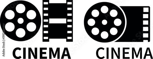 Classic black and white cinema film reel icons with text labels