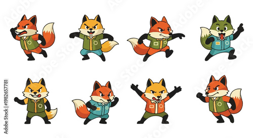 Cartoon foxes in various poses and outfits vector illustration