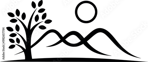 Serene landscape featuring a tree and a winding river under a full moon