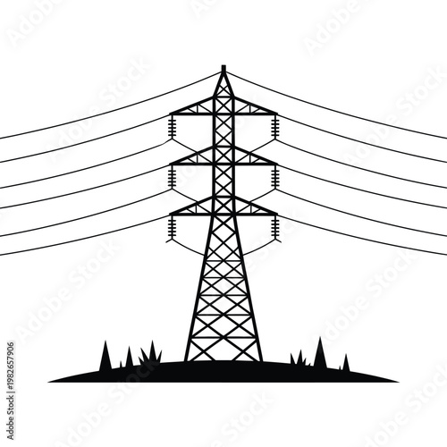 A black silhouette of a power transmission tower in a rural area